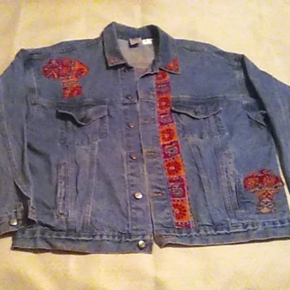 Jean Jacket XL Kantha Appliques Mushrooms Upcycled Made In USA Boho Hippie